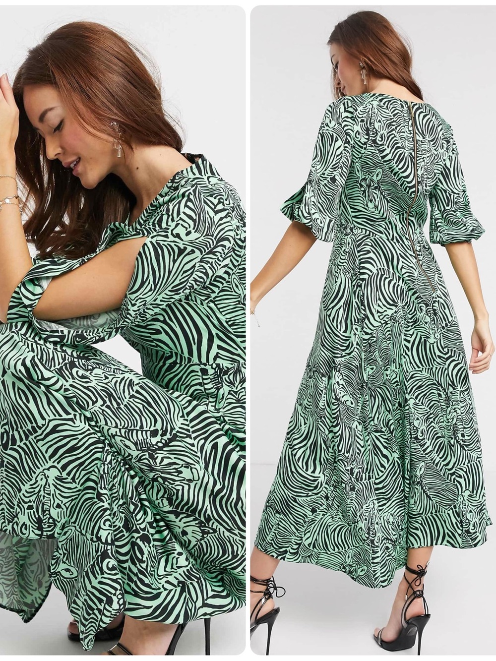 Closet London Queen of the Wild Green Zebra Print Midi Dress Sz 4 Split Sleeve